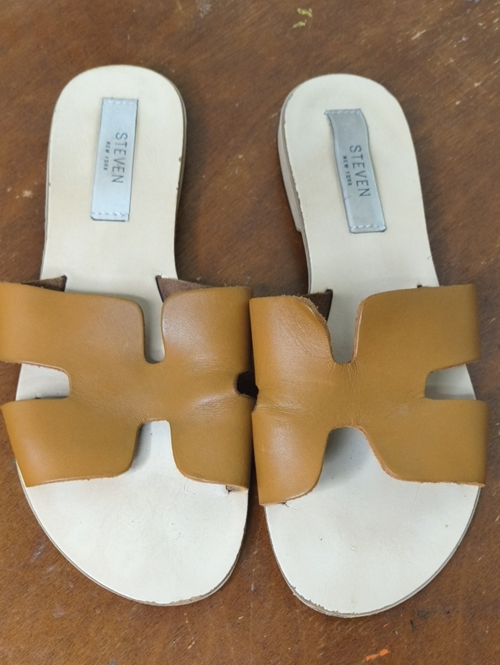 Steven Mustard Tan Leather Slide Sandals Size 7.5 AD